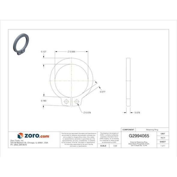 External Retaining Ring, Steel, Black Phosphate Finish, 10 PK  SHR-75ST PA