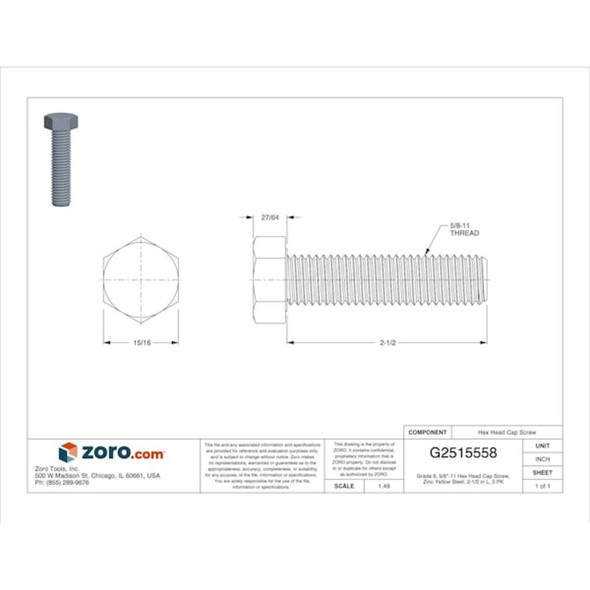 Grade 8, 5-8"-11 Hex Head Tap Bolt, Zinc Yellow Steel, 2-1-2 in L, 5 PK  U04114.062.0250