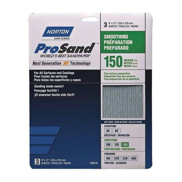 Norton Abrasives Sandpaper Sheet,11 in L,9 in W,PK3 07660768160