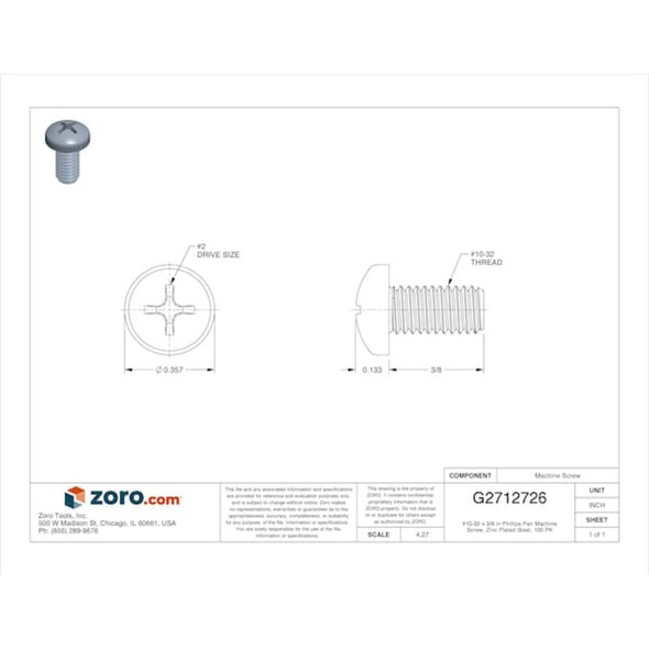 #10-32 x 3-8 in Phillips Pan Machine Screw, Zinc Plated Steel, 100 PK  U24522.019.0038