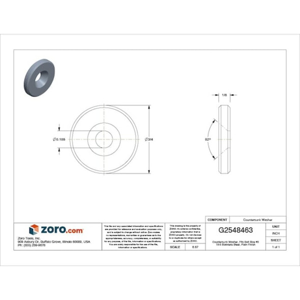 Countersunk Washer, Fits Bolt Size #8 ,18-8 Stainless Steel Plain Finish  Z9930SS