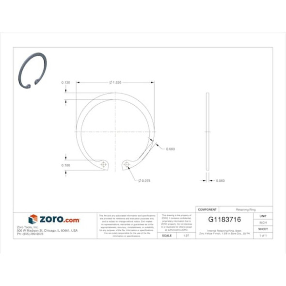 Internal Retaining Ring, Steel, Zinc Yellow Finish, 1 3-8 in Bore Dia., 25 PK  HO-137ST ZD