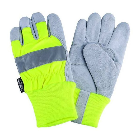 Leather Gloves, Cowhide, Knit Cuff, Wing Thumb, Full Finger, Lime, M, 1 PR