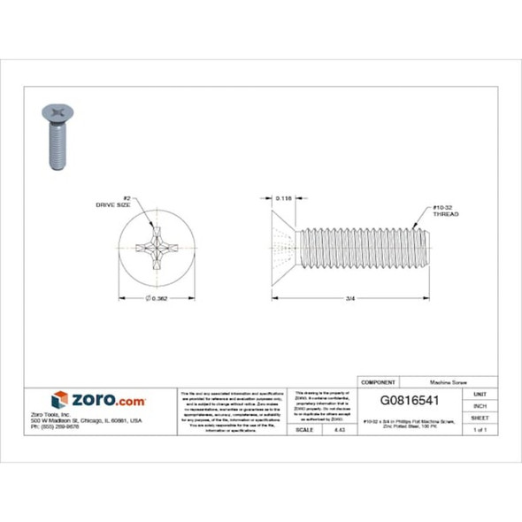 #10-32 x 3-4 in Phillips Flat Machine Screw, Zinc Plated Steel, 100 PK  U24670.019.0076