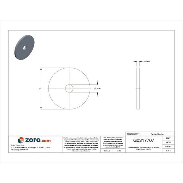 Fender Washer, For Screw Size 3-16" ,Steel Black Oxide Finish, 100 PK  U38213.018.0100