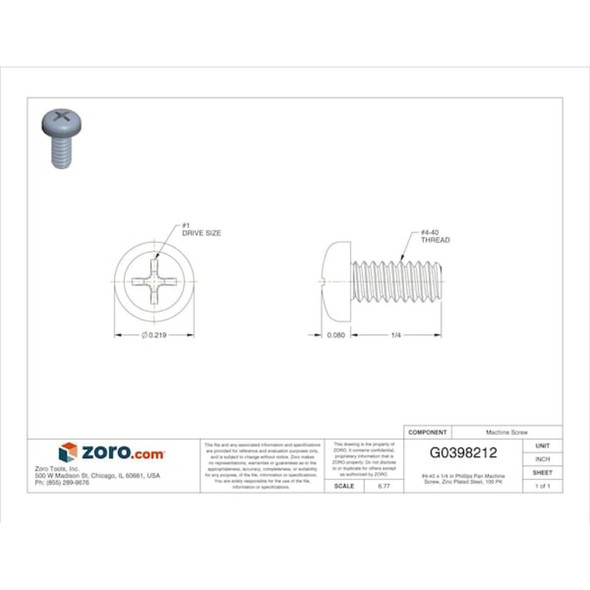#4-40 x 1-4 in Phillips Pan Machine Screw, Zinc Plated Steel, 100 PK  U24522.011.0025