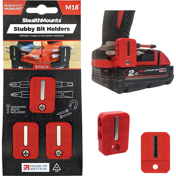 StealthMounts Stubby Magnetic Bit Holder for Milwaukee M18 Tools (3 Pack) Red BH-M18-S-RED
