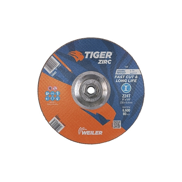Tiger® Grinding Wheel, 9 in dia x 1/4 in Thick x 5/8 in-11 Arbor, 24 Grit, Zirconia Alumina/Ceramic, Type 28, 10 EA/BX