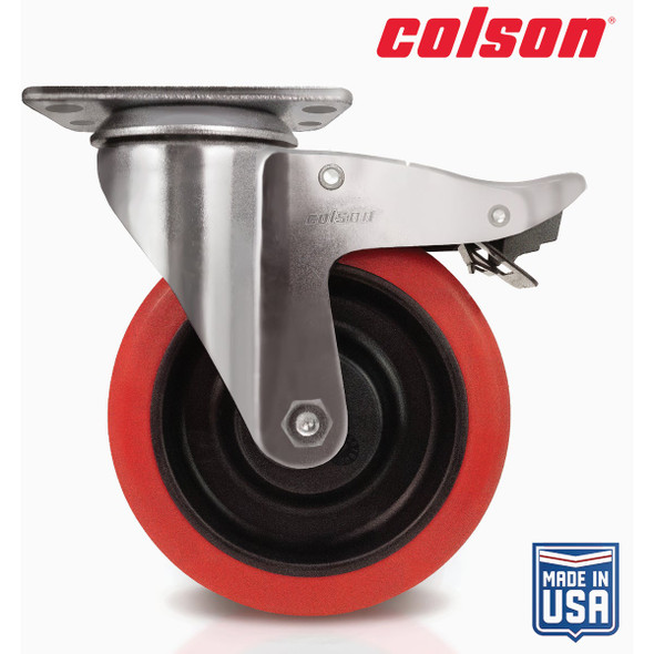 Colson 5 In. Red Polyurethane Swivel Plate Caster with Locking Brake 82269