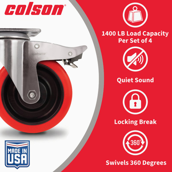 Colson 5 In. Red Polyurethane Swivel Plate Caster with Locking Brake 82269 250107