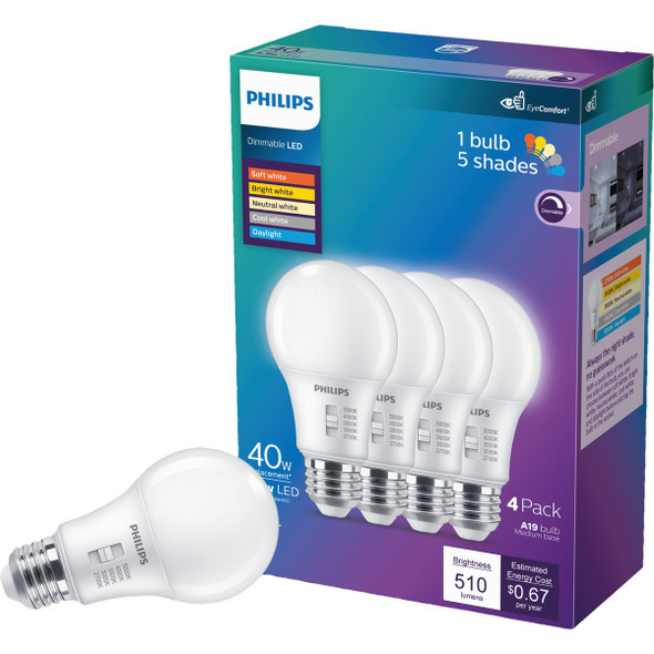 Philips 40W Equivalent 5 CCT A19 Medium Dimmable LED Light Bulb (4-Pack) 607572