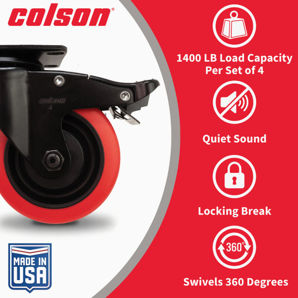 Colson 4 In. Red Polyurethane & Black Swivel Plate Caster with Locking Brake 82267 201526