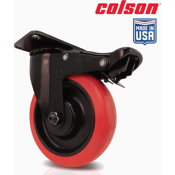 Colson 5 In. Red Polyurethane & Black Swivel Plate Caster with Locking Brake