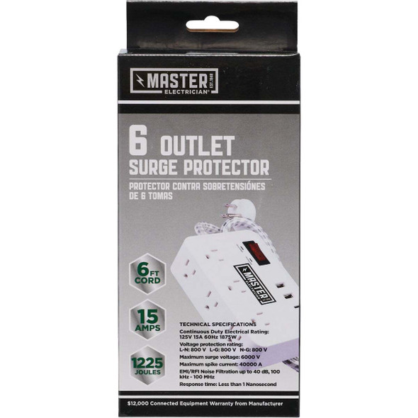 Master Electrician 6-Outlet/2 USB White Surge Strip with 6 Ft. Cord LTS-PO2B