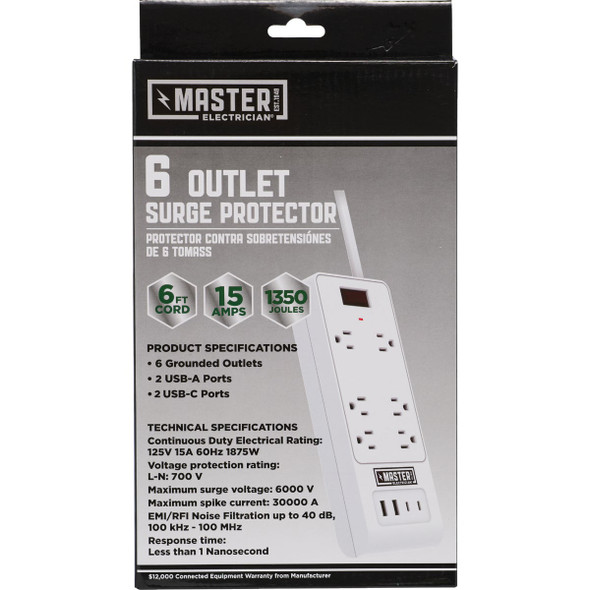 Master Electrician 6-Outlet/4 USB 1350J White Surge Strip with 3 Ft. Cord