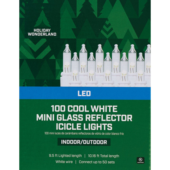 Holiday Wonderland Cool White 100-Bulb Mini LED Glass Reflector Icicle Light Set 887455 952664