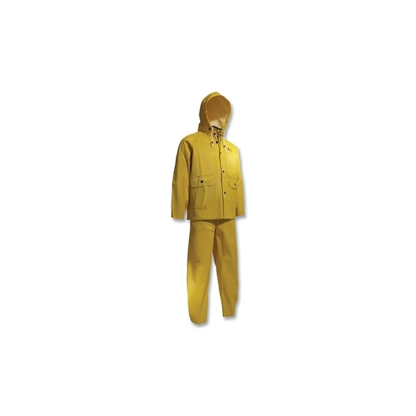 Webtex 3-Pc Rain Suit with Hooded Jacket/Bib Overalls, 0.65 mm Thick, Heavy-Duty Ribbed PVC, Yellow, 2X-Large