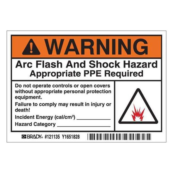 Brady Arc Flash Label,3-1/2 In. H,PK100, 121135 121135