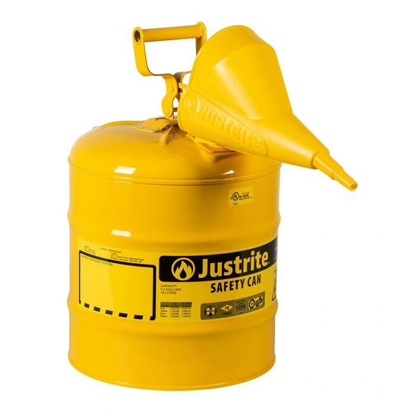 7150210 Justrite Type I Steel Safety Can for flammables, 5 gallon, S/S flame arrester, Yellow