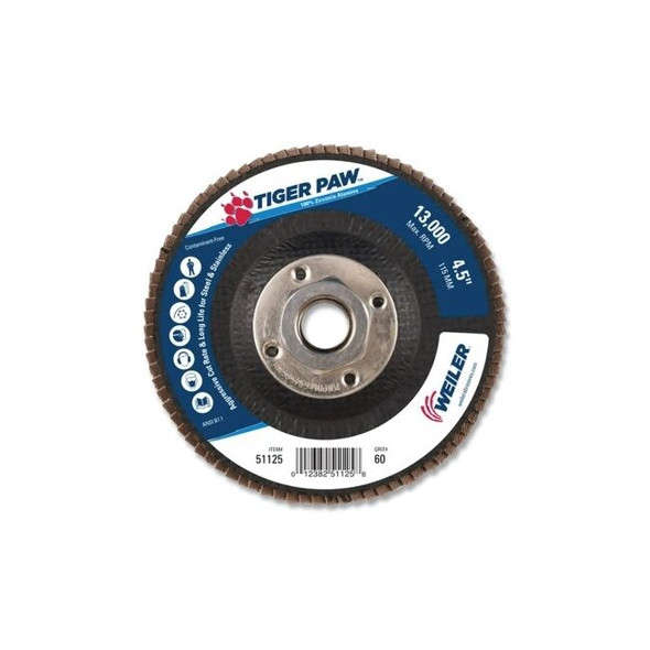 Tiger Paw™ Coated Abrasive Flap Disc, 4-1/2 in dia, 60 grit, 5/8 in - 11 arbor, 13000 RPM, Vending