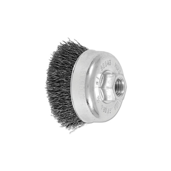 Mini Crimped Cup Brush, 2-3/4 in Diameter, 5/8 in -11 Arbor, 0.014 in Steel Wire