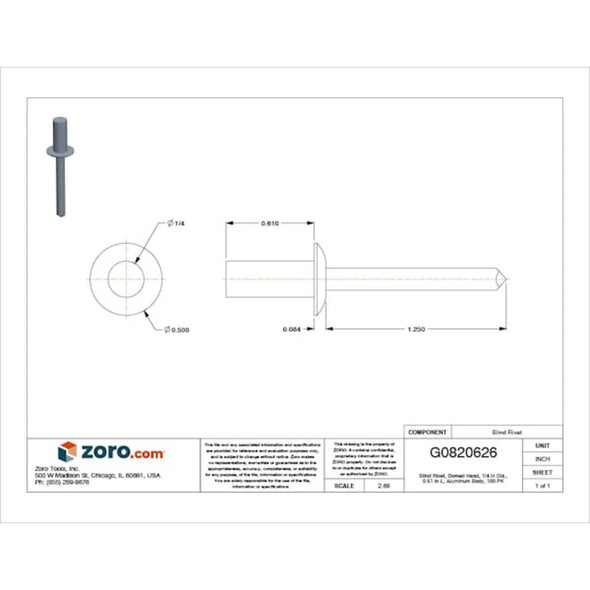 Blind Rivet, Dome Head, 1-4 in Dia., 39-64 in L, Aluminum Body, 100 PK  AD86H203