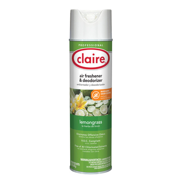 Claire® Air Freshener & Deodorizer, 10 oz Aerosol, Lemongrass, 12/Case