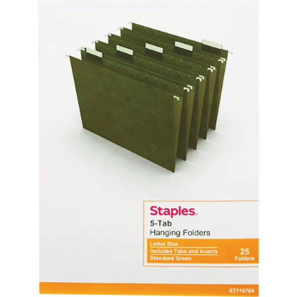 Staples 1/5-Cut Letter Size 100% Recycled Hanging File Folders (25-Pack) 116764