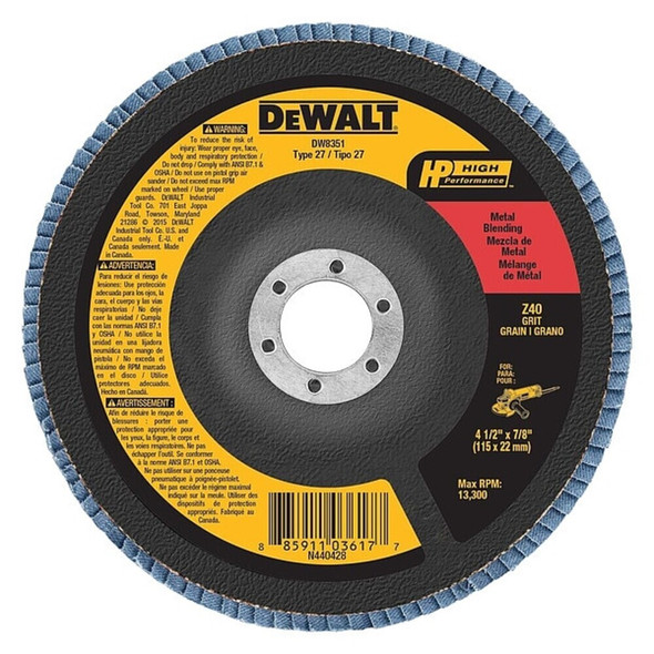 Dewalt DW8351 4-1/2" x 7/8" 40g type 27 HP flap disc