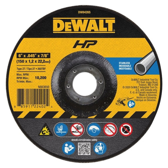 Dewalt DW8426S Depressed Center Cut-Off Wheel, Type 27, 6 in Dia, 0.045 in Thick, 7/8 in Arbor Hole Size, 60 Grit