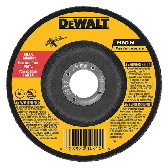 Dewalt DW4624 Depressed Center Grinding Wheel, Type 27, 6 in Dia, 0.25 in Thick, 7/8 in Arbor Hole Size, 24 Grit