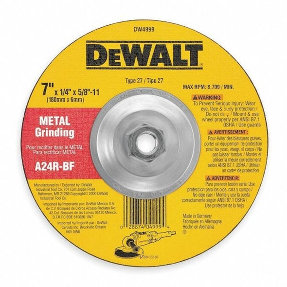 Dewalt DW4623 Depressed Center Grinding Wheel, Type 27, 5 in Dia, 0.25 in Thick, 5/8"-11 Arbor Hole Size, 24 Grit