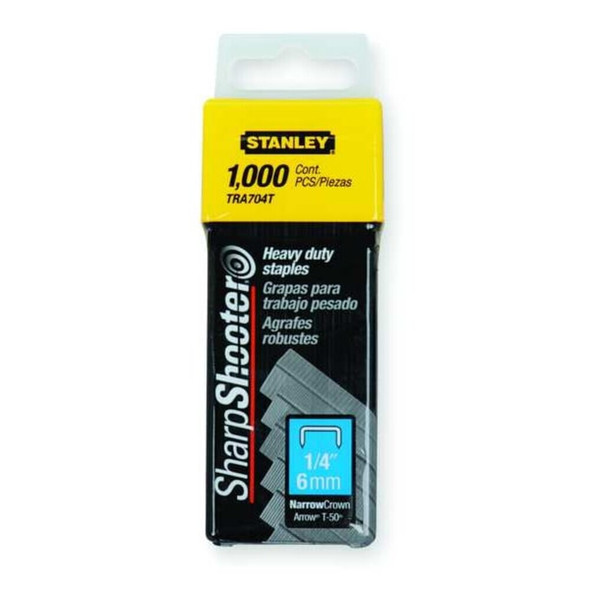Stanley TRA704T Heavy Duty Staples, T50, 24 ga, Narrow Crown, 1/4 in Leg L, Steel, 1000 PK