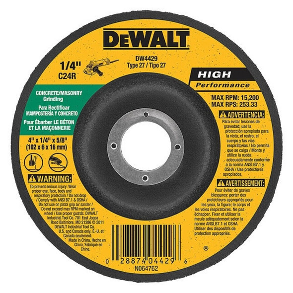 Dewalt DW4429 Depressed Center Grinding Wheel, Type 27, 4 in Dia, 0.25 in Thick, 5/8 in Arbor Hole Size, 24 Grit