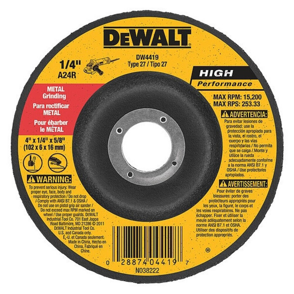 Dewalt DW4419 Depressed Center Grinding Wheel, Type 27, 4 in Dia, 0.25 in Thick, 5/8 in Arbor Hole Size, 24 Grit