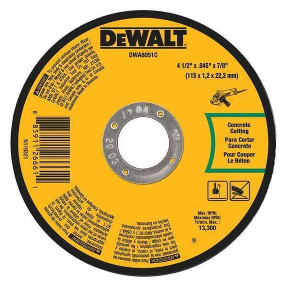 Dewalt DWA8051C Abrasive Cut-Off Wheel, Type 1, 4 1/2 in Dia, 0.045 in Thick, 7/8 in Arbor Hole Size, 60 Grit