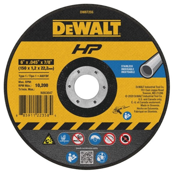 Dewalt DW8725S Abrasive Cut-Off Wheel, Type 1, 6 in Dia, 0.045 in Thick, 7/8 in Arbor Hole Size, Aluminum Oxide