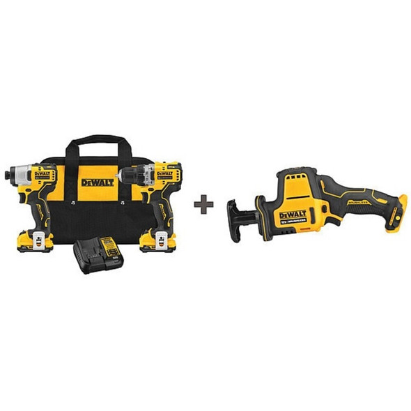 Dewalt DCK221F2 / DCS312B Cordless Drill, Impact Driver & Reciprocating Saw, 12 V, Includes Battery (2 Ah)