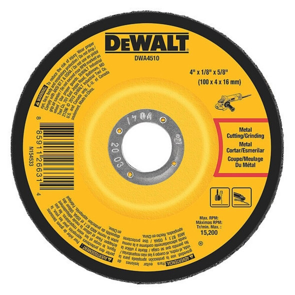 Dewalt DWA4510 Cut-Off & Grinding Wheel, Type 27, 4 in Dia, 0.125 in Thick, 5/8 in Arbor Hole Size, Aluminum Oxide