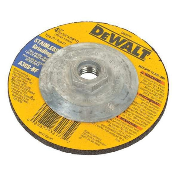 Dewalt DW8415 Depressed Center Grinding Wheel, Type 27, 4 1/2 in Dia, 0.25 in Thick, 5/8"-11 Arbor Hole Size