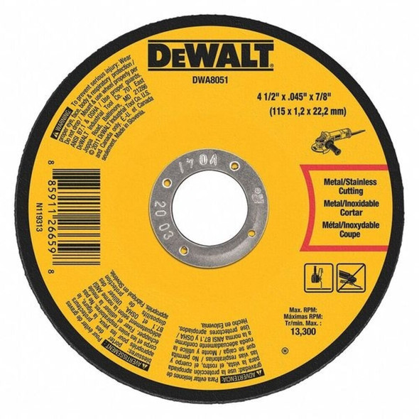 Dewalt DWA8051 Abrasive Cut-Off Wheel, Type 1, 4 1/2 in Dia, 0.045 in Thick, 7/8 in Arbor Hole Size, 60 Grit
