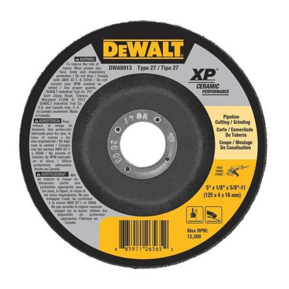 Dewalt DWA8913 Abrasive Cut-Off Wheel, Type 27, 5 in Dia, 0.125 in Thick, 5/8"-11 Arbor Hole Size, Ceramic