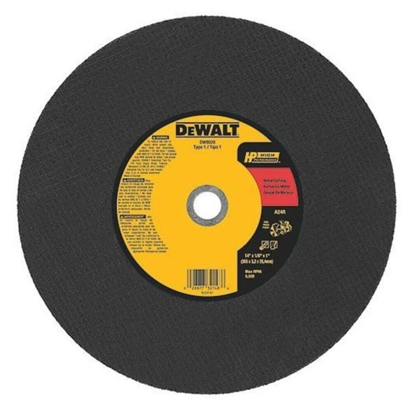 Dewalt DW8020 Abrasive Cut-Off Wheel, Type 1, 14 in Dia, 0.125 in Thick, 1 in Arbor Hole Size, Aluminum Oxide
