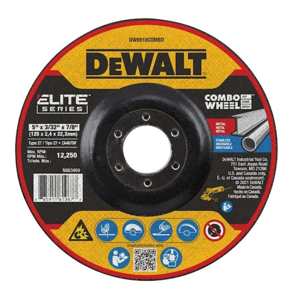 Dewalt DW8910Combo Depressed Center Cut-Off Wheel, Type 27, 5 in Dia, 0.093 in Thick, 7/8 in Arbor Hole Size, Ceramic