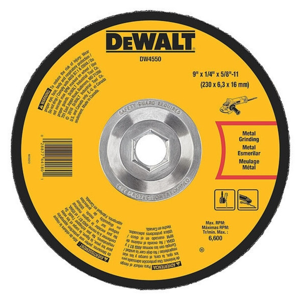 Dewalt DW4550 Depressed Center Grinding Wheel, Type 27, 9 in Dia, 0.25 in Thick, 5/8"-11 Arbor Hole Size, 24 Grit