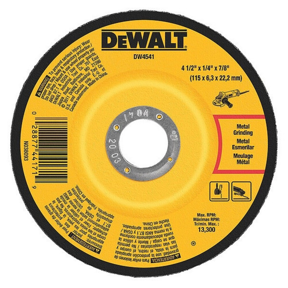 Dewalt DW4541 Depressed Center Grinding Wheel, Type 27, 4 1/2 in Dia, 0.25 in Thick, 7/8 in Arbor Hole Size