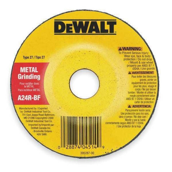 Dewalt DW8809 Depressed Center Grinding Wheel, Type 27, 4 1/2 in Dia, 0.25 in Thick, 5/8"-11 Arbor Hole Size