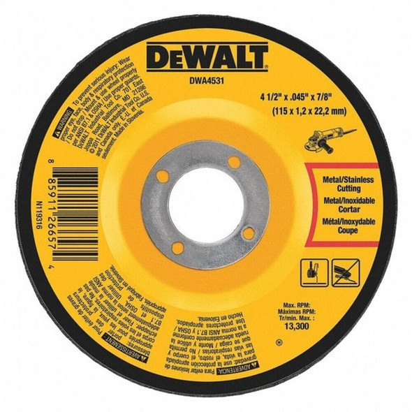Dewalt DWA4531 Depressed Center Cut-Off Wheel, Type 27, 4 1/2 in Dia, 0.045 in Thick, 7/8 in Arbor Hole Size