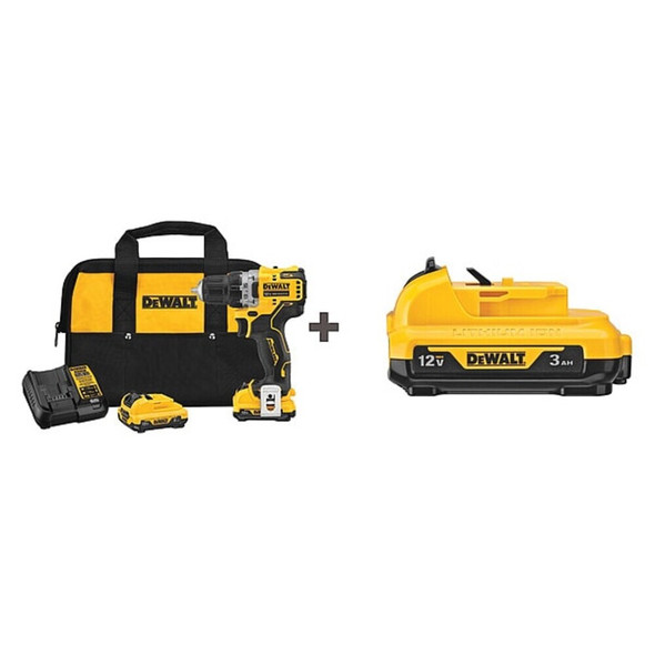 Dewalt DCD701F2/DCB124 Drill Kit, Cordless, 1500 RPM, 12V DC, Includes Battery (3.0 Ah)