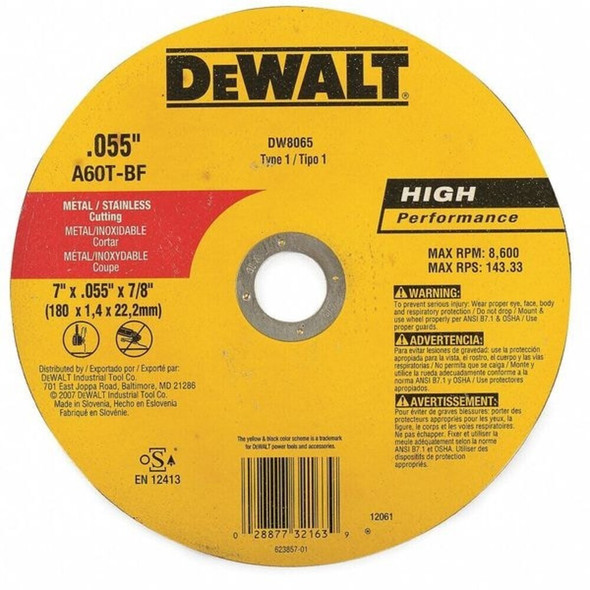 Dewalt DW8065 Abrasive Cut-Off Wheel, Type 1, 7 in Dia, 0.045 in Thick, 7/8 in Arbor Hole Size, Aluminum Oxide